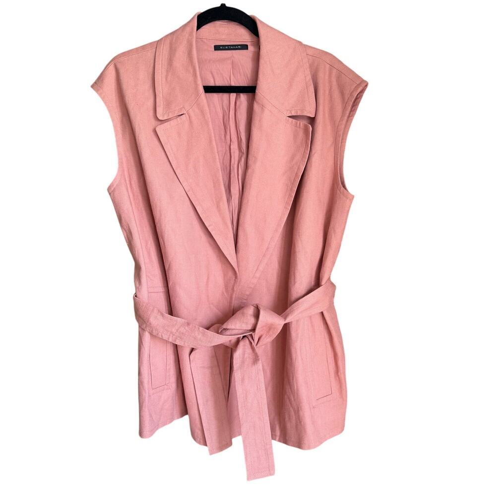 Elie Tahari Mauve Pink Linen Double Breasted Belted Wrap Long Vest Sz L Classic